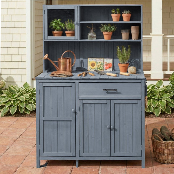 English Elm (with Hutch) Topamx Solid Fir Potting Bench Patio Workstation Spice Rack Drawer Gray N717P404330E