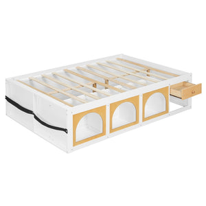 English Elm Full Size Kids Platform Bed with Led Lighting Bookshelf Display Cabinet and Storage Drawer White+Natural N820S00077K