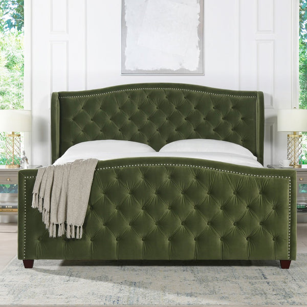 English Elm Jennifer Taylor Home - Marcella Upholstered Shelter Headboard Bed Set - King Size, Olive Green Velvet For Modern Luxury B2719P238229