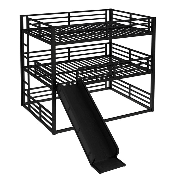 English Elm Queen Metal Triple Bunk Bed With Slide - Space-Saving, Heavy-Duty Design, Safety Guardrails In Black W1580S00172-GIGA