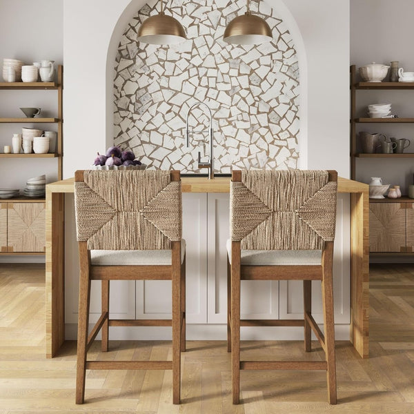English Elm Bohemian Woven Back Counter Stools Set of 2 with Solid Wood Frame for Kitchen Island B011P474546
