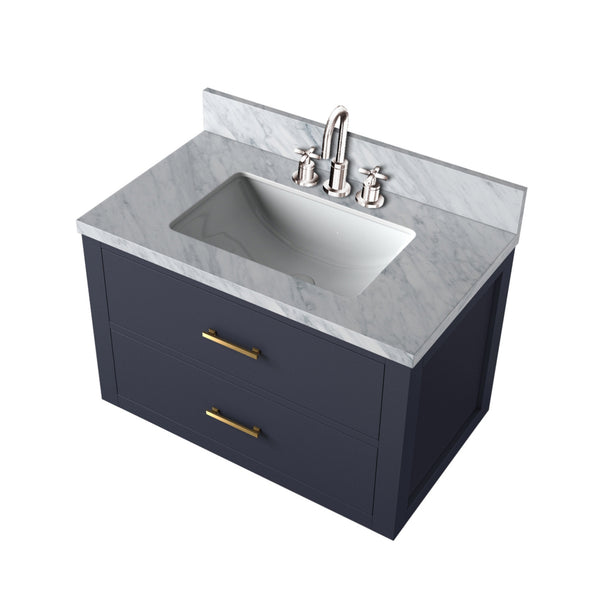 English Elm Blue Single Sink Vanity Set With Carrara Marble Top & Chrome Faucet - Elegant Bathroom Upgrade! B2731P257930