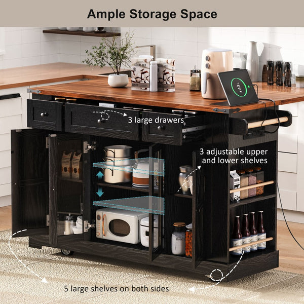 English Elm K&k Farmhouse Rolling Kitchen Island with Drop Leaf Tempered Glass Drawers and Power Outlet Black N707S263637B