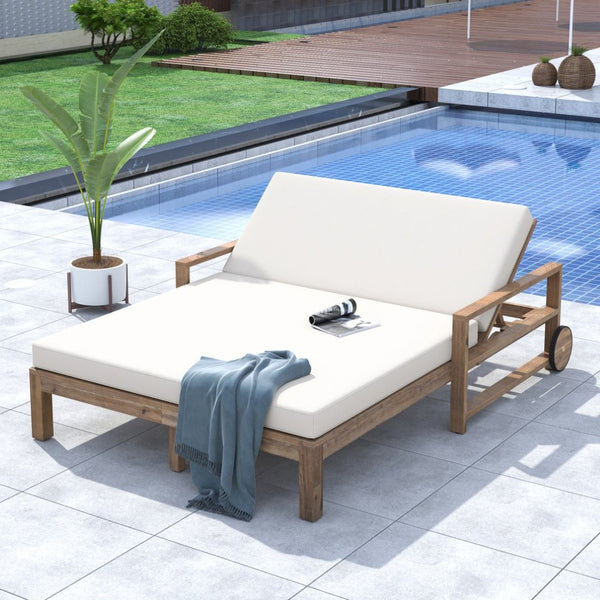 English Elm Trexm Solid Acacia Outdoor Daybed Farmhouse Slatted Frame with Adjustable Backrest TM000011AAA