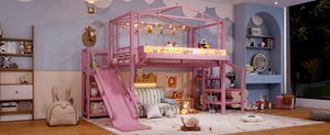 English Elm Twin Metal Loft Bed with Built-in Wardrobe Storage Stairs Led Lights and Usb Ports W5316S00046