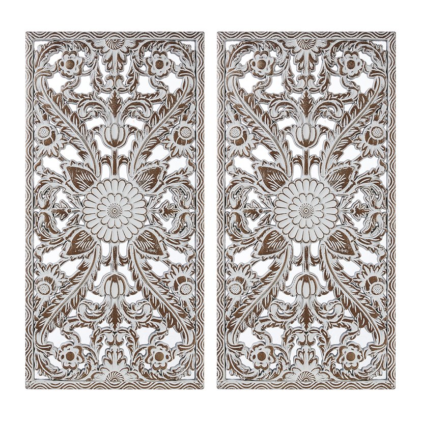 JLA Home Madison Park - Botanical Hand-Carved Lotus Wall Panels Set with Distressed Wood Finish for Rustic Home Decor and Texture Antique Brown MP95B-0364
