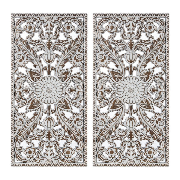 JLA Home Madison Park - Botanical Hand-Carved Lotus Wall Panels Set with Distressed Wood Finish for Rustic Home Decor and Texture Antique Brown MP95B-0364