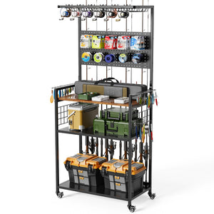 English Elm Fishing Rod Rack Rolling Organizer with Pegboard Multi-tier Metal Stand Lockable Wheels W3190P404246