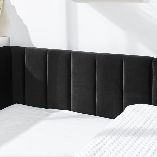 English Elm Full Size Upholstered Tufted Bed Frame In Luxurious Black Velvet - Stylish Sofa Bed With Armrests W487S00331