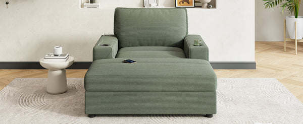 English Elm Christopher Knight Home® - 42.8" Oversized Chaise Lounge with Storage Ottoman, Corduroy Upholstery, USB Port & Cup Holders for Cozy Living Space Green N765P350851N