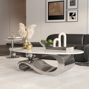 English Elm Silver Sintered Stone Top Coffee Table with Mirrored Steel Pedestal for Modern Living W3985S00018
