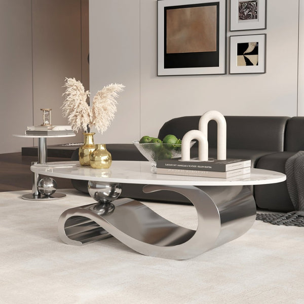 English Elm Silver Sintered Stone Top Coffee Table with Mirrored Steel Pedestal for Modern Living W3985S00018