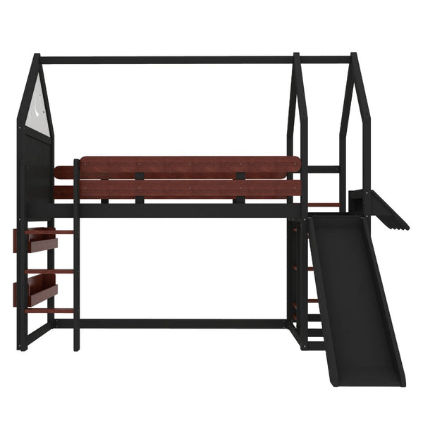 English Elm Full Size Pine Loft Bed House Frame with Slide Bookshelves and Moon Star Rails W1580S00311