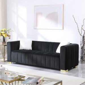 English Elm A Modern Channel Sofa - Luxurious Black Velvet Chesterfield 3-Seater For Stylish Living Spaces W1099S00128