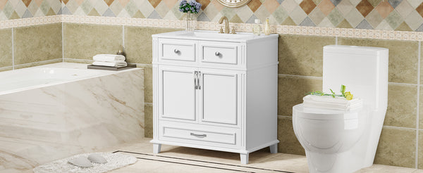 English Elm 30'' Bathroom Vanity with Sink - Retro Solid Wood Frame, Ceramic Basin, Soft-Close Doors & Ample Storage White N710P190656K