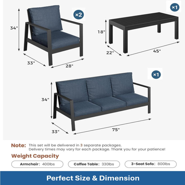 English Elm 4-piece Outdoor Conversation Set with Powder-coated Aluminum Frame and Plush Deep Cushions Black+Blue B082S00101