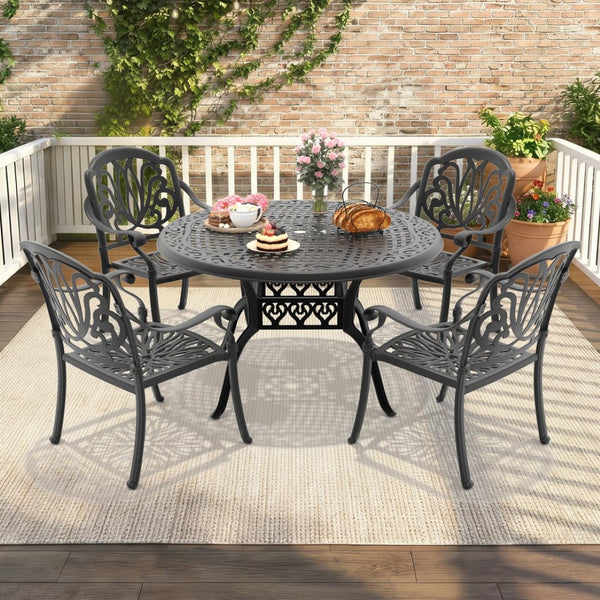English Elm 5-piece Cast Aluminum Outdoor Dining Set with Carved Floral Patio Chairs and Table W1710S00551