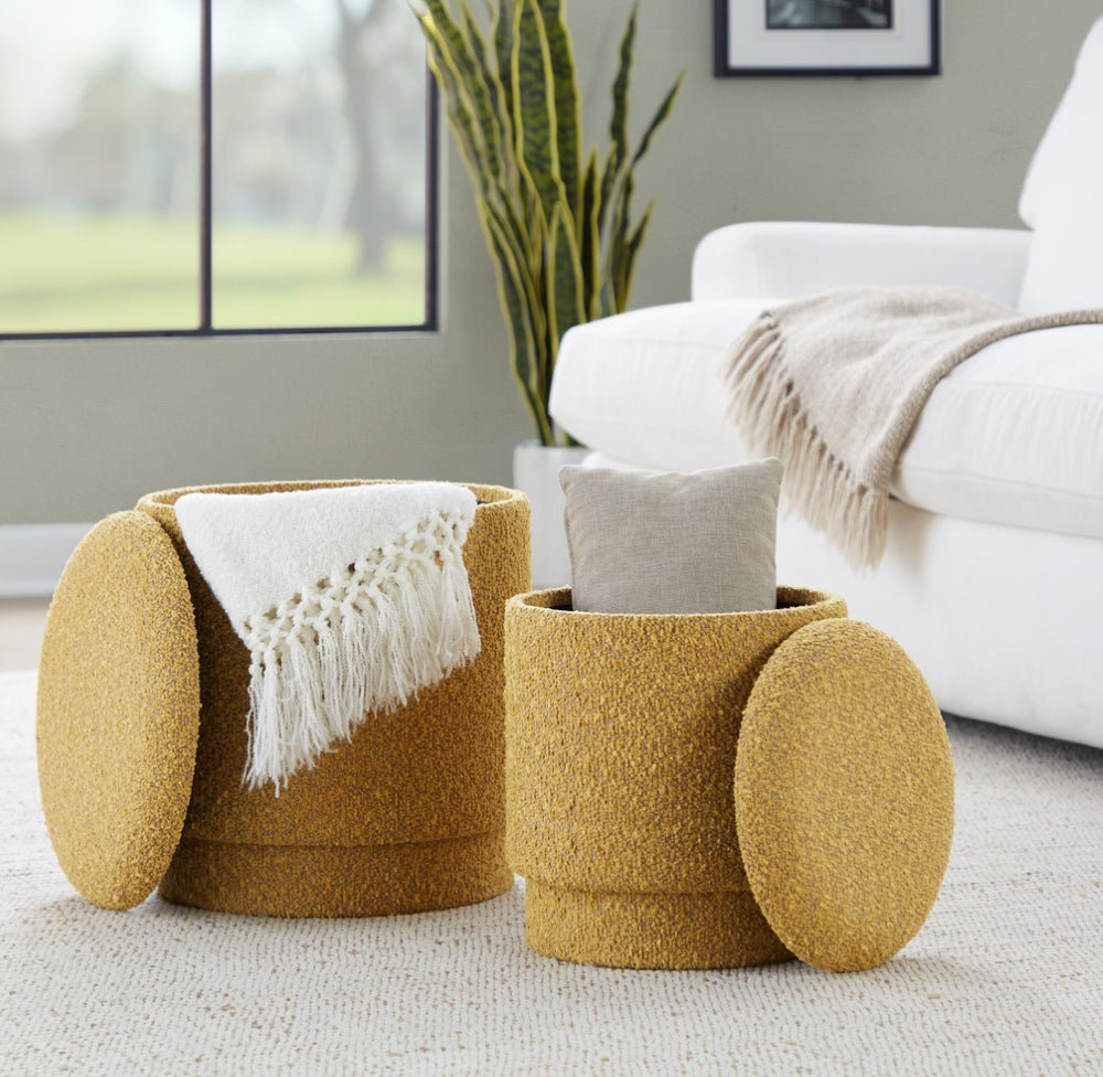 English Elm Ottoman Set Nesting Storage Cubes Upholstered in Rich Fabric for Modern Living Spaces Yellow B202P471504