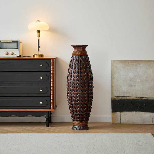 English Elm A 39-inch hand-woven bamboo floor vase in Acacia Wood PVC finish — 37.75" tall modern rattan decor for entryway W2796P283884