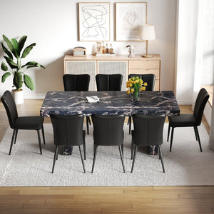English Elm Table and Chair Set 9 Piece Black Marble Mdf Dining with Pu Leather Seating W1151S04139