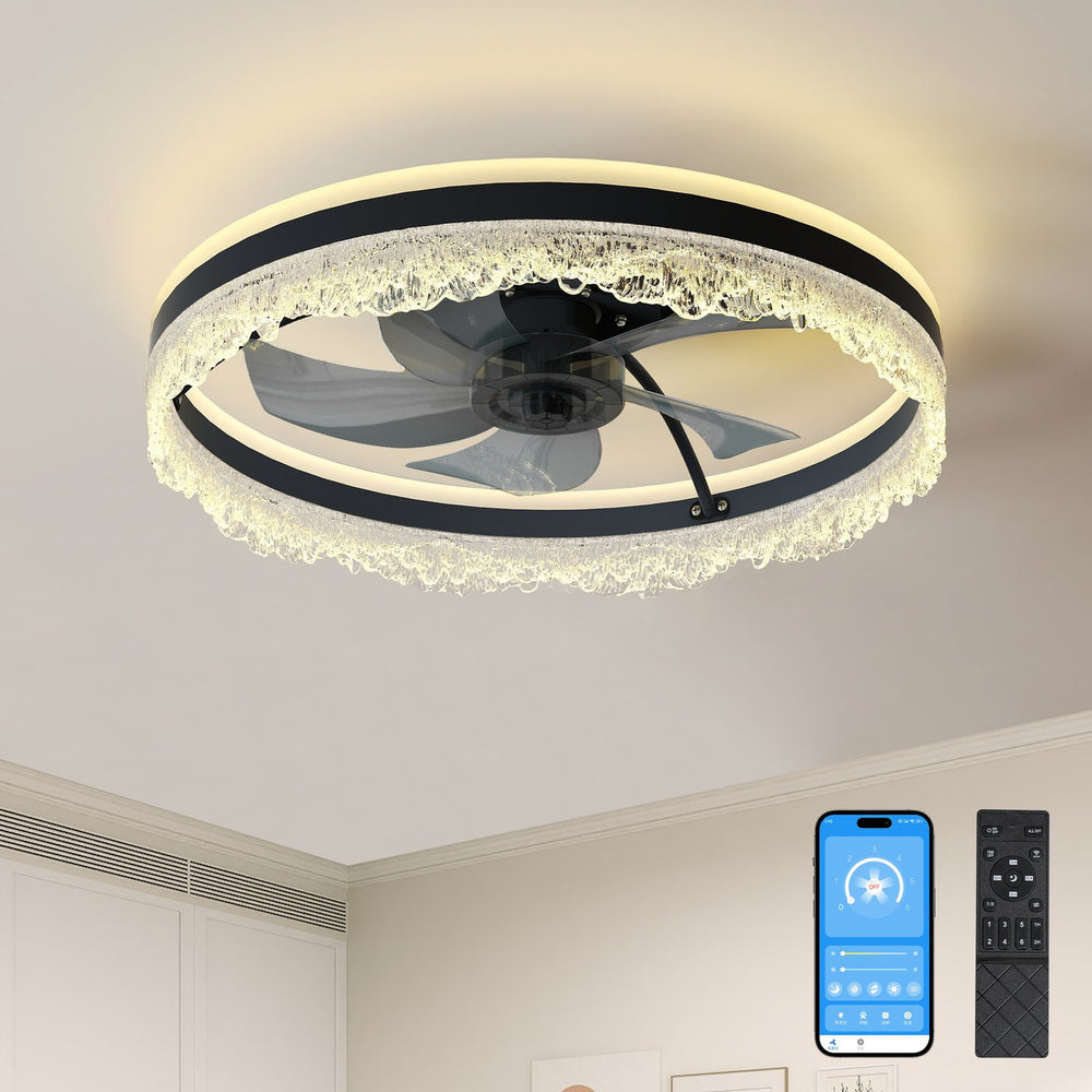 English Elm 20" Smart Silent Ceiling Fan with LED Crystal Flush Light, Hidden Blades, Remote & App Control, Dimmable White-to-Warm Lighting W2312P368705
