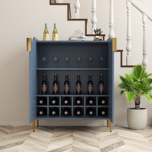 English Elm 2 Door Wine Bar Cabinet with 12-Bottle Rack, Soft-Close Hinges, Adjustable Shelf & Elevated Metal Legs Blue W2899P372476