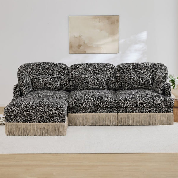 English Elm 100"comfy Chenille Leopard Print Sectional Sofa with Tassel Trim and Movable Ottoman Khaki W5656S00023