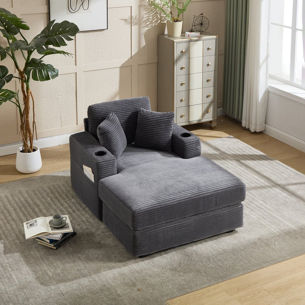 English Elm [New]Corduroy Upholstered Chaise Lounge Sofa with Detachable Cushions, Deep Seat, Cup Holders Grey W2120P322753