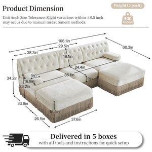 English Elm U Shaped Modular Sectional Sofa Chesterfield Tufted Velvet with Tassel Fringe Skirt Beige W714S01687