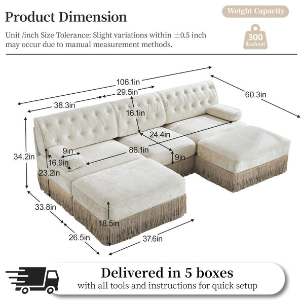 English Elm U Shaped Modular Sectional Sofa Chesterfield Tufted Velvet with Tassel Fringe Skirt Beige W714S01687