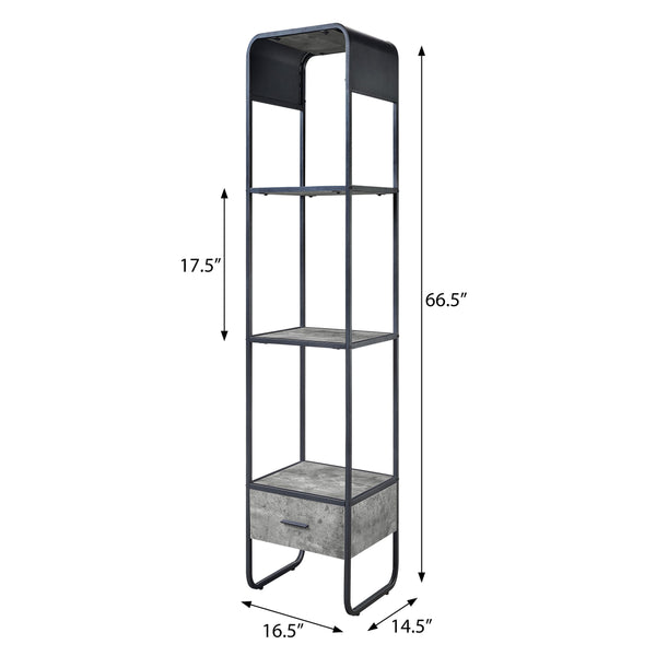 English Elm Concrete Grey Modern 2-Shelf Side Pier with Drawer and Metal Frame, 66.5" Tall Accent Storage Tower B062P186549
