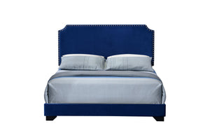 English Elm Haemon Blue Velvet Queen Bedframe — Fully Upholstered Poplar & LVL, Nailhead Trim, 660lb Capacity B2726P342796