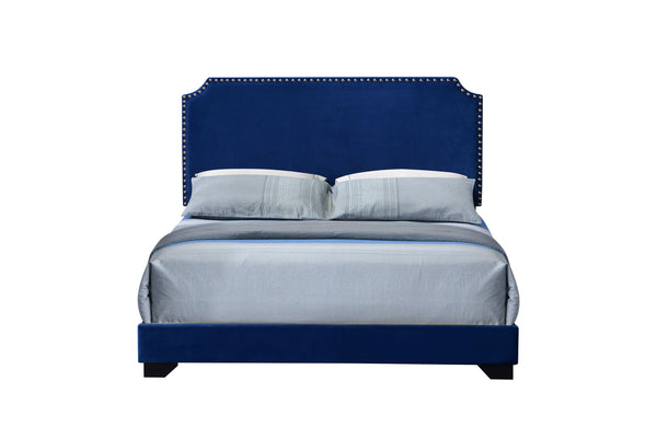 English Elm Haemon Blue Velvet Queen Bedframe — Fully Upholstered Poplar & LVL, Nailhead Trim, 660lb Capacity B2726P342796