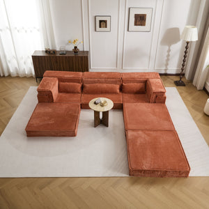 English Elm Compression Modular Sofa Bed - Oversized Convertible Sectional With Plush Fleece & 3 Pillows, Orange W3723S00018