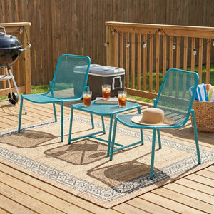 English Elm Kincaid Outdoor Iron Mesh Conversation Set Rust Resistant Patio Chairs with Side Table Teal N775P392159T