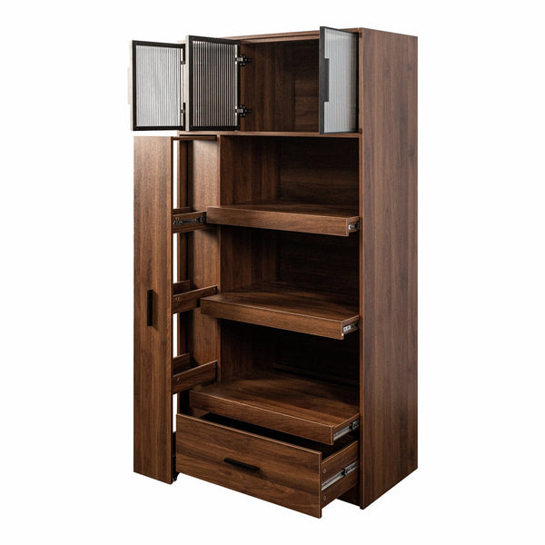 English Elm 70.87" Tall Kitchen Pantry Cabinet - Stylish Multi-Functional Food Hutch With Pull-Out Storage & Drawer W331S00198