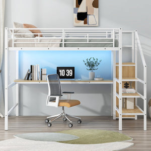 English Elm Full Size Metal Loft Bed With Desk, Storage Staircase, Wardrobe & Led Light For Small Spaces GX000620AAK-1