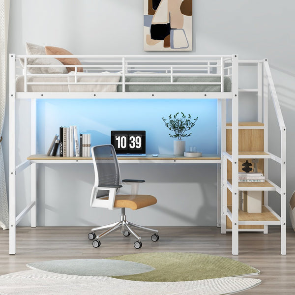 English Elm Full Size Metal Loft Bed With Desk, Storage Staircase, Wardrobe & Led Light For Small Spaces GX000620AAK-1