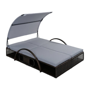 English Elm U_style Outdoor Double Sun Lounger Hdpe Wicker Steel Frame with Canopy Pop up Tables Gray WY000485AAE