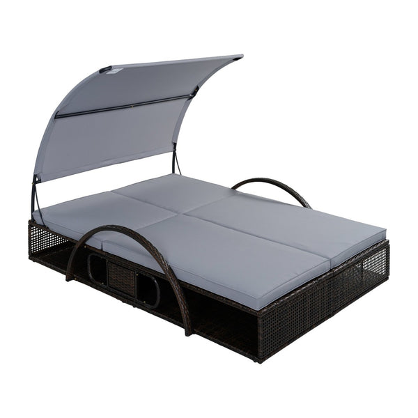 English Elm U_style Outdoor Double Sun Lounger Hdpe Wicker Steel Frame with Canopy Pop up Tables Gray WY000485AAE
