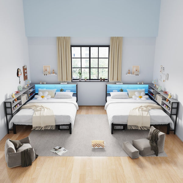 English Elm Twin Corner Daybed with Bookcase Headboard Led Lighting and Usb Charging Ports W3107P396528