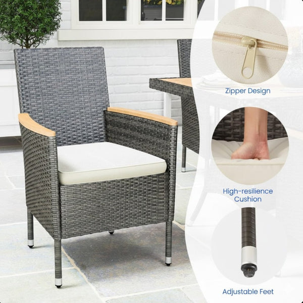English Elm 5-piece Outdoor Dining Set Pe Rattan Armchairs with Acacia Wood Square Table Gray B082S00067
