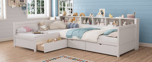 English Elm Twin Corner Daybed with Storage Drawers Bookshelf Wood L-shape Frame for Small Rooms White N733S369272K