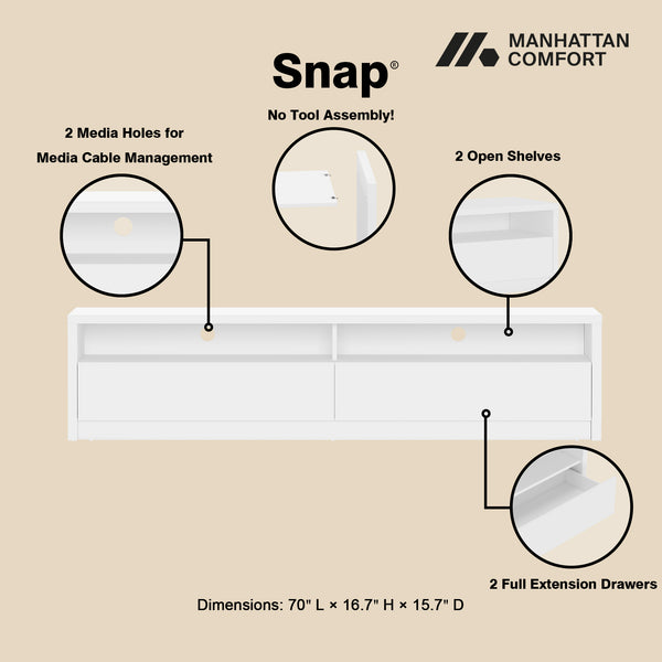 English Elm Duncan 70" TV Stand with Hidden Storage and Cable Management, Handle-Free Drawers, Easy Assembly White B365S00126