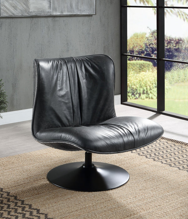 English Elm Piotr Black Top Grain Leather Swivel Accent Chair - Industrial Modern Design, Sturdy Metal Base B2726P242449