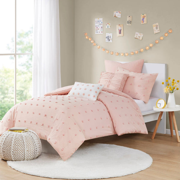 JLA Home Urban Habitat - Cotton Brooklyn Cotton Jacquard Duvet Cover Set with Tufted Chenille Dots, Euro Shams, Pillows Pink UH12-0207
