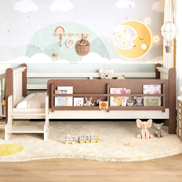English Elm Twin Pine Floor Bed for Kids with Side Bookcases Built-in Stairs and Safety Guardrails Beige W1580P390214