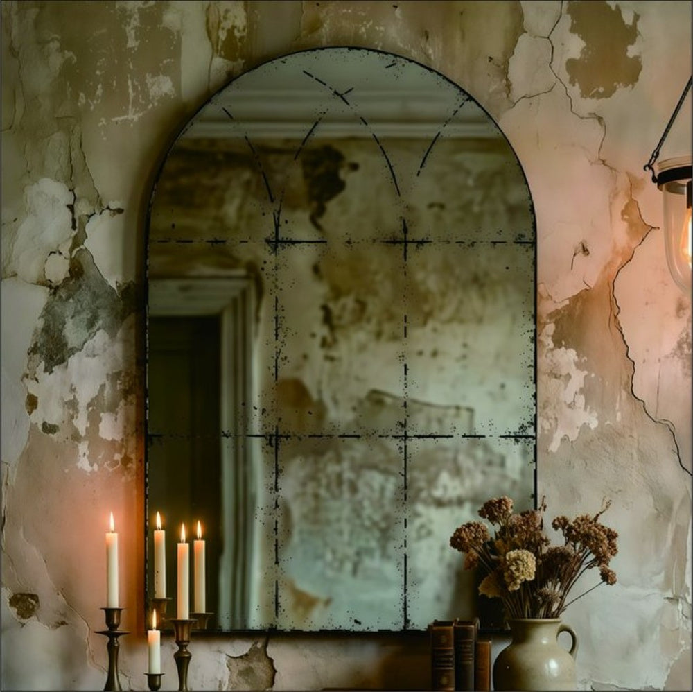 English Elm Semicircular Arch Wall Mirror Weathered Iron Frame Vintage Industrial Foyer Decor W3935P481190