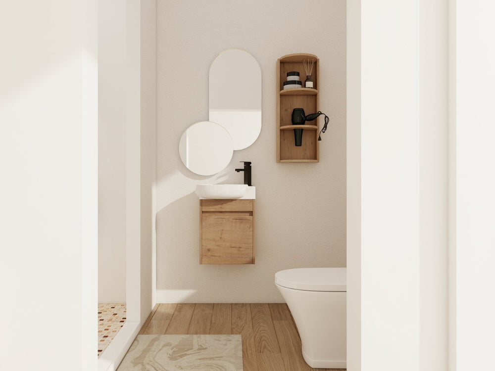 English Elm Soft Close Wall Mounted Bathroom Vanity with Ceramic Vessel Sink and Storage Rack W999S00488