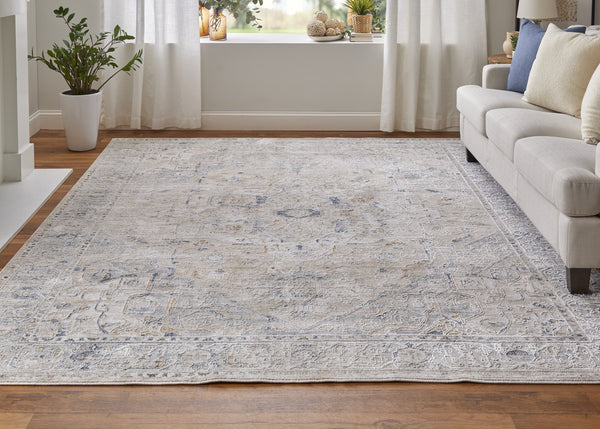 Feizy Rugs Pasha Global Charm Area Rug - Vibrant Medallion Design, Soft Low Pile, Stain-resistant & Kid-friendly Ivory,Taupe,Blue Polyester Pas39m5fbgebluf05